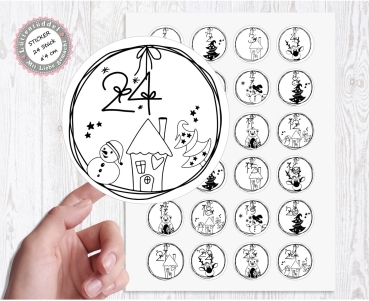 Preview: 24 Stück zuckersüße Zahlen Adventskalenderaufkleber Sticker Zeichnung Weihnachten  /4cm rund mit-oder ohne 24 Beutelchen aus Kraftpapier - von Lüttentüddel